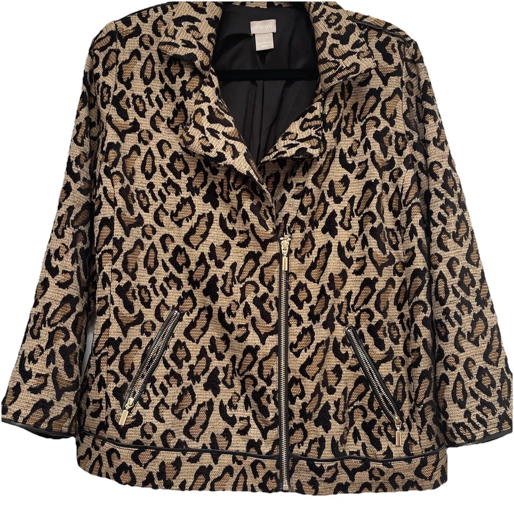 Chico's Size 1 Leopard Moto Jacket Gold Trim Lined